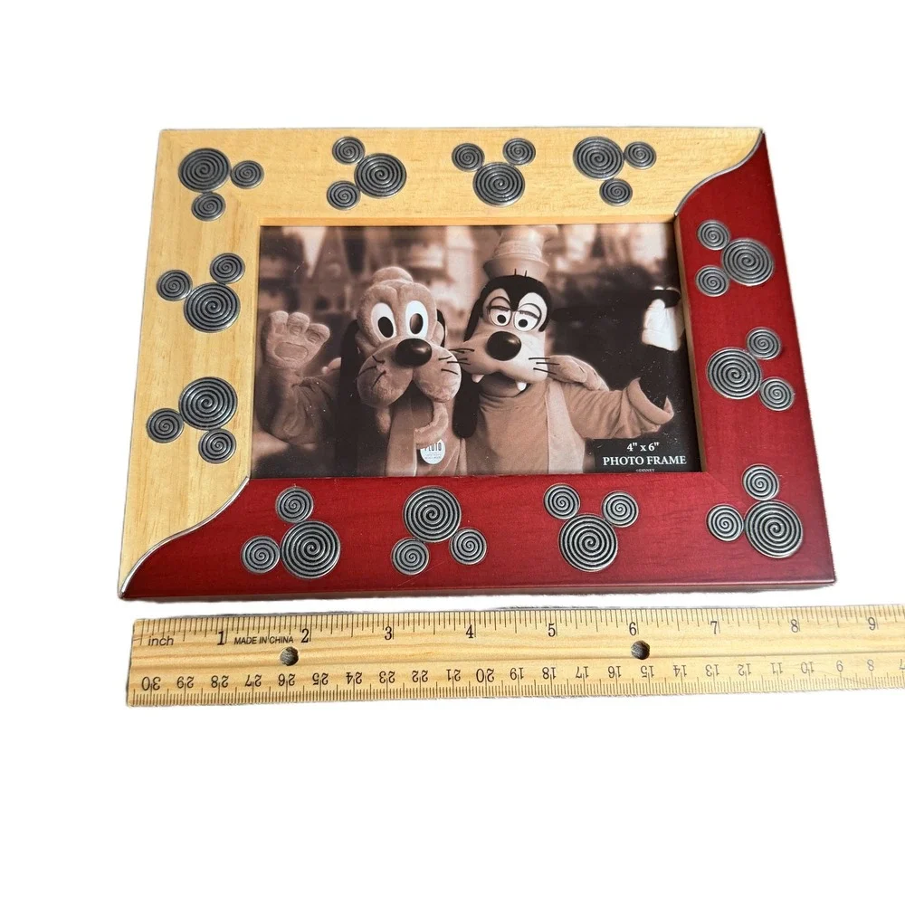 Disney Parks Mickey Mouse Wood Photo Frame 4x6 Red Natural Silver Spirals
